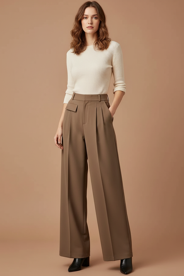 Pantalon À Pince Marron Taille Haute Ample Plissé Fluide - Polyester