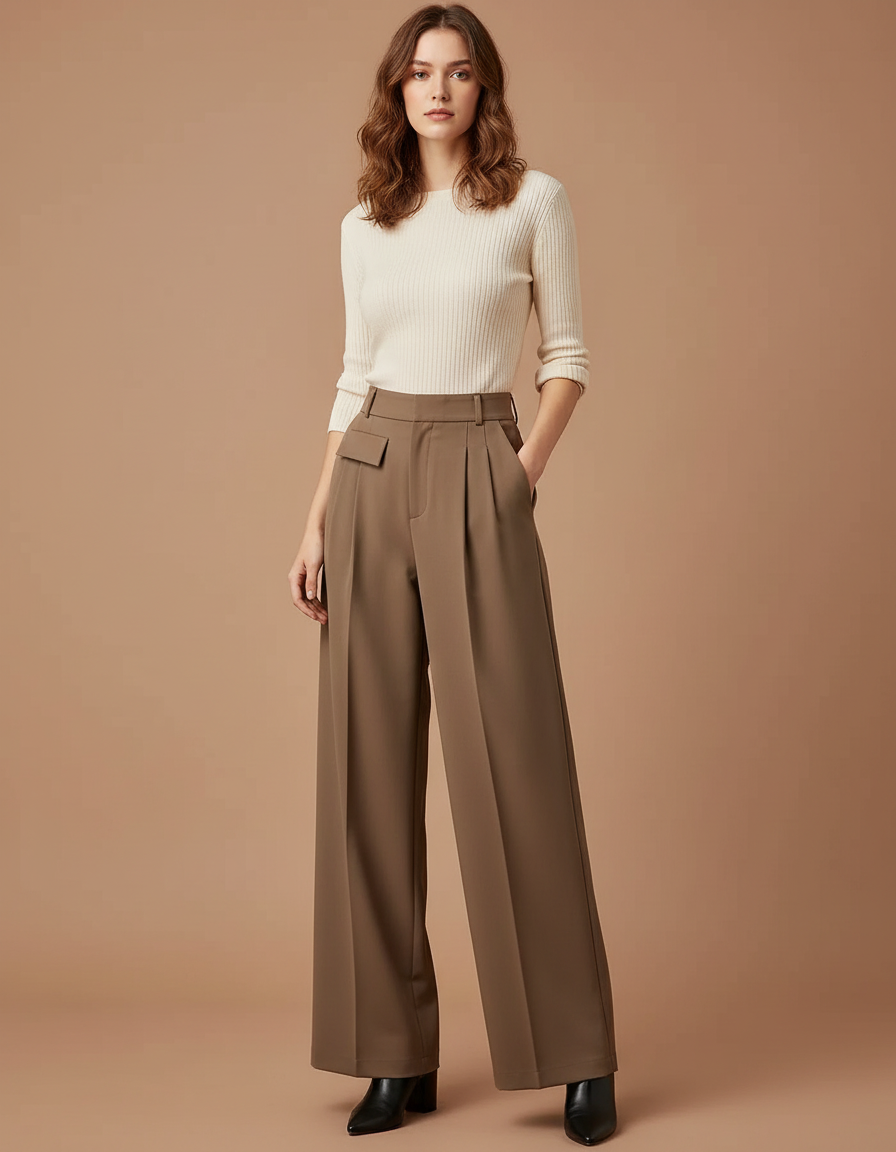 Pantalon À Pince Marron Taille Haute Ample Plissé Fluide - Polyester
