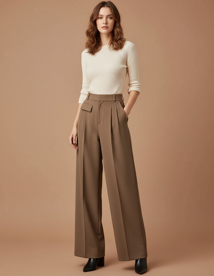 Pantalon À Pince Marron Taille Haute Ample Plissé Fluide - Polyester