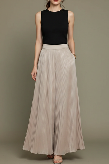 Pantalon À Pince Plissé Fluide Taille Haute Beige Femme - Satin