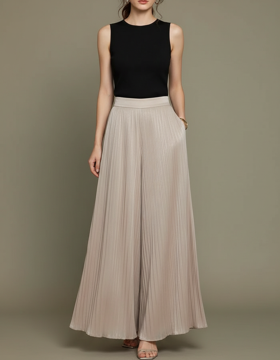 Pantalon À Pince Plissé Fluide Taille Haute Beige Femme - Satin