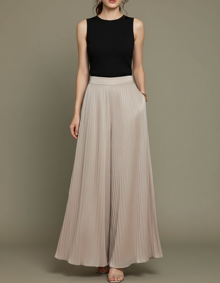 Pantalon À Pince Plissé Fluide Taille Haute Beige Femme - Satin