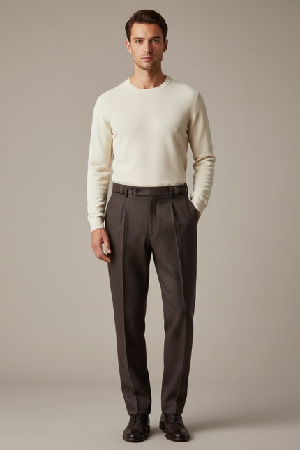 Pantalon À Pince Marron Tweed Droit Habillé Homme
