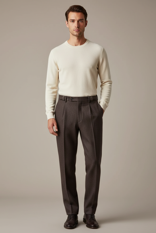 Pantalon À Pince Marron Tweed Droit Habillé Homme