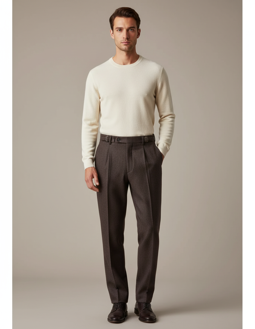 Pantalon À Pince Marron Tweed Droit Habillé Homme