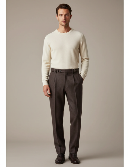 Pantalon À Pince Marron Tweed Droit Habillé Homme