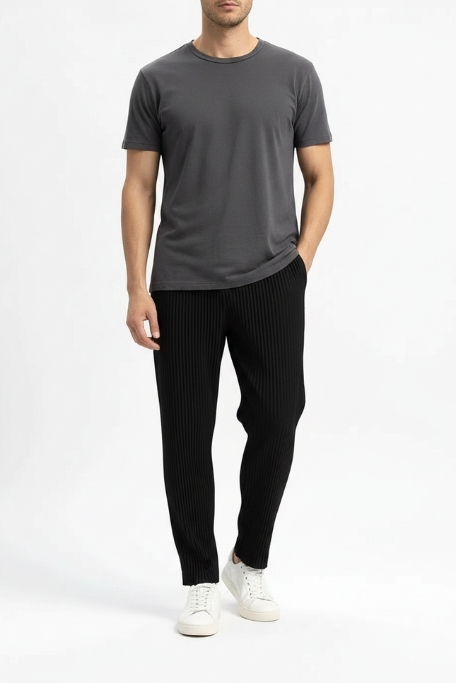 Pantalon À Pince Noir Plissé Droit Décontracté Homme - Polyester