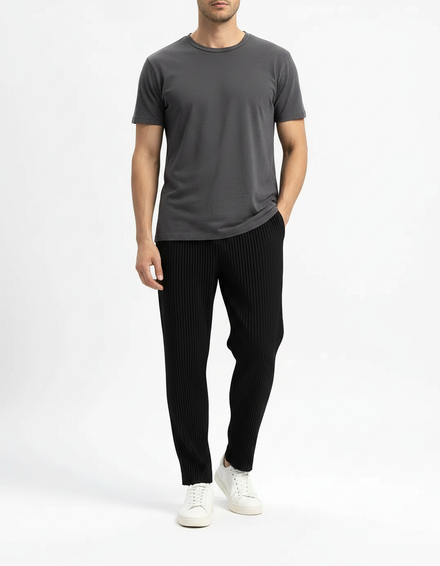 Pantalon À Pince Noir Plissé Droit Décontracté Homme - Polyester
