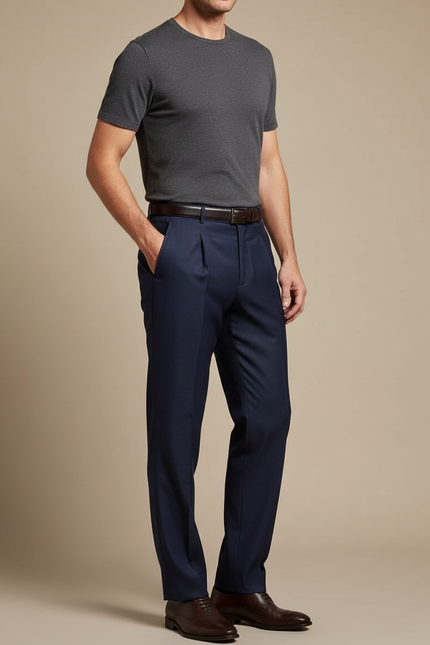 Pantalon À Pince Bleu Marine Classique Habillé Homme - Laine