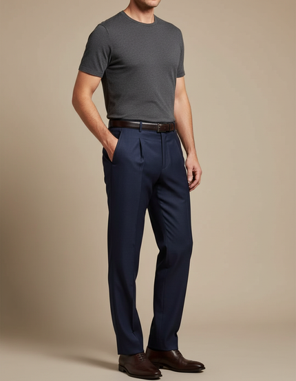 Pantalon À Pince Bleu Marine Classique Habillé Homme - Laine