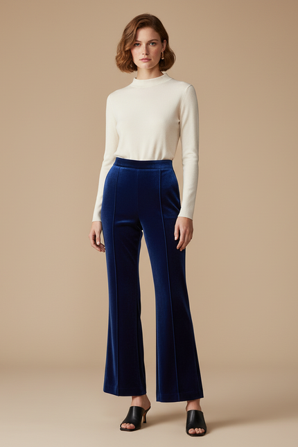 Pantalon À Pince Velours Bleu Marine Évasé Taille Haute
