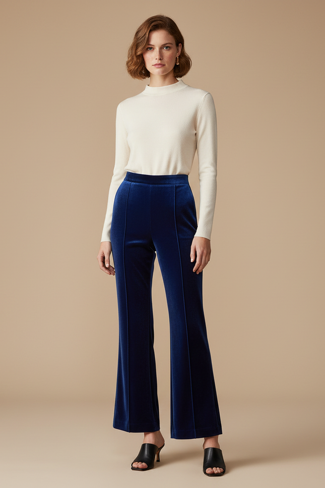 Pantalon À Pince Velours Bleu Marine Évasé Taille Haute