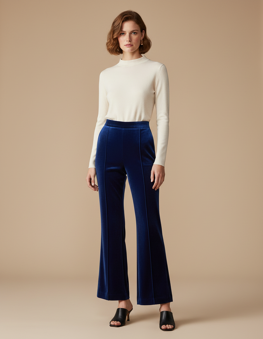 Pantalon À Pince Velours Bleu Marine Évasé Taille Haute