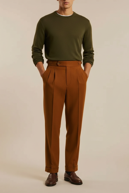 Pantalon À Pince Marron Plissé Droit Élégant Homme - Laine