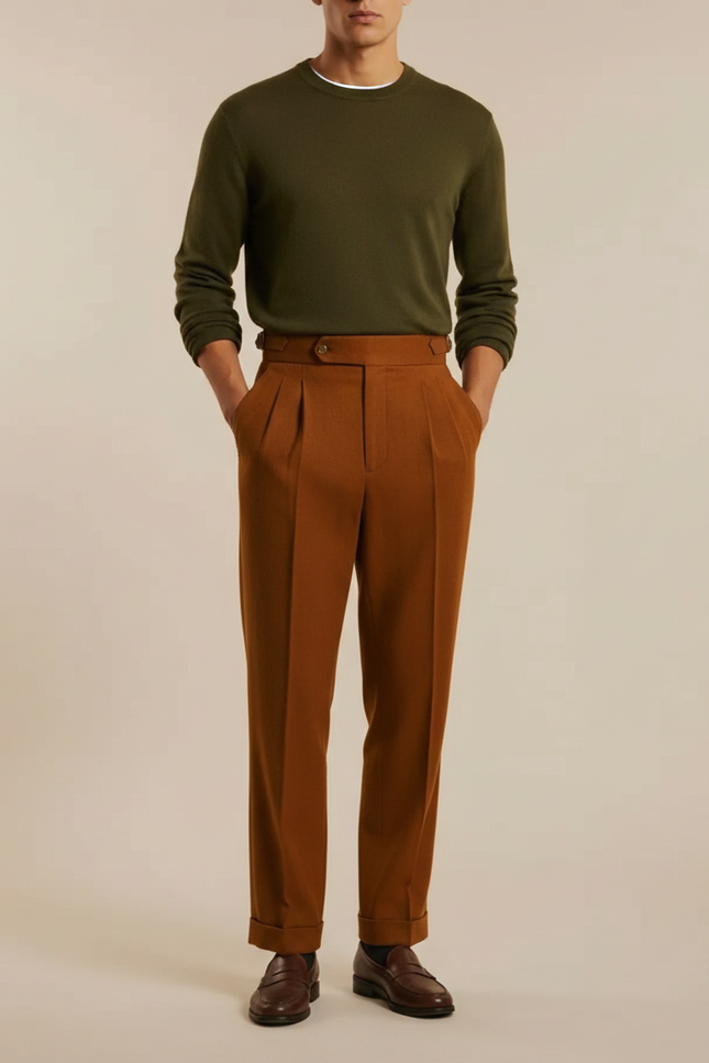 Pantalon À Pince Marron Plissé Droit Élégant Homme - Laine