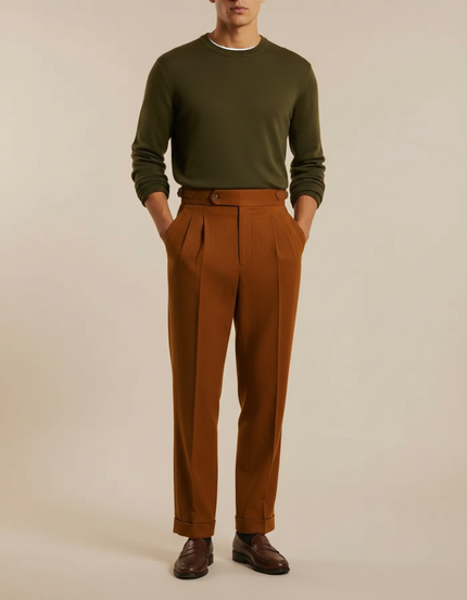 Pantalon À Pince Marron Plissé Droit Élégant Homme - Laine