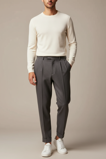 Pantalon À Pince Gris Plissé Fuselé Homme Élégant - Gabardine