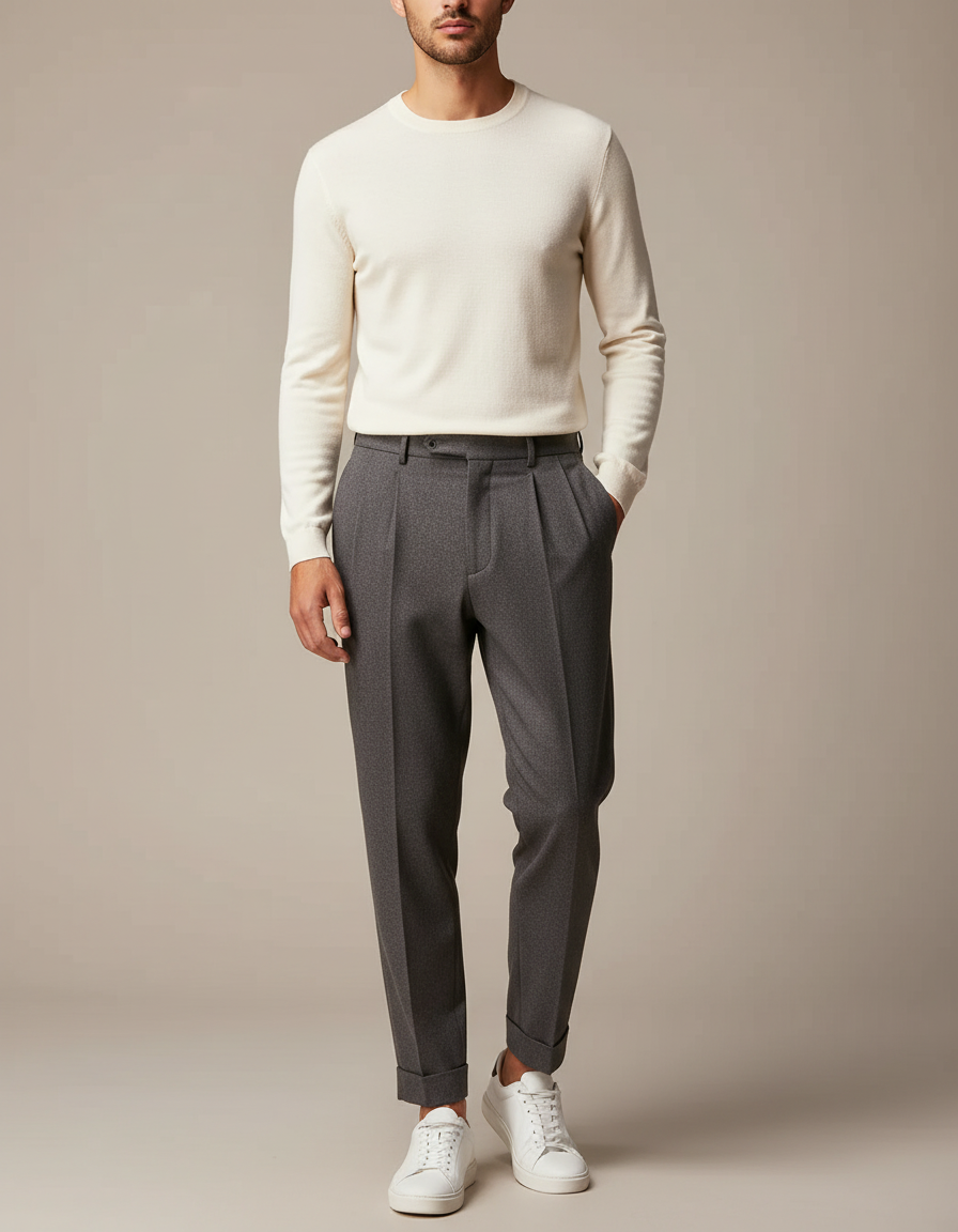 Pantalon À Pince Gris Plissé Fuselé Homme Élégant - Gabardine