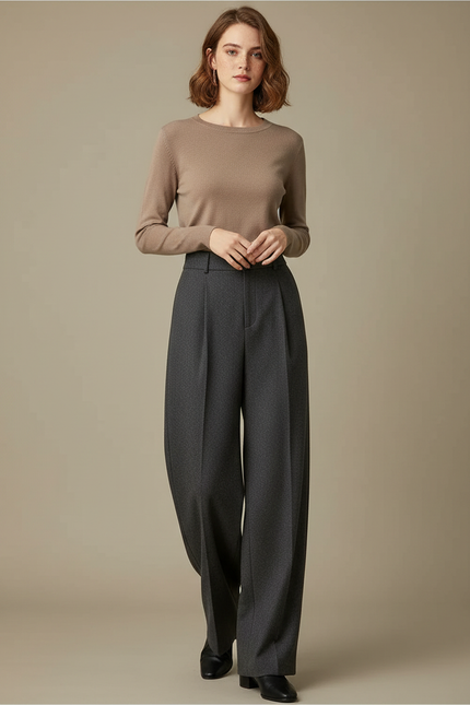Pantalon À Pince Gris Foncé Laine Plissé Large Femme
