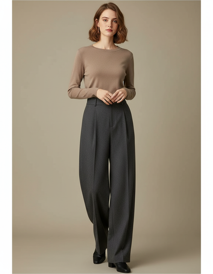 Pantalon À Pince Gris Foncé Laine Plissé Large Femme