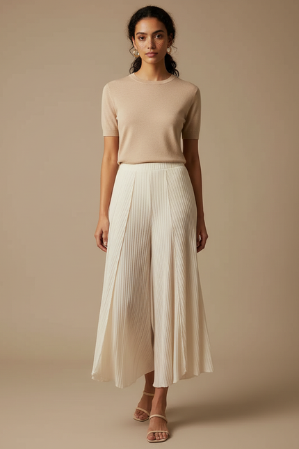 Pantalon À Pince Plissé Fluide Ample Écru Décontracté - Beige Maille