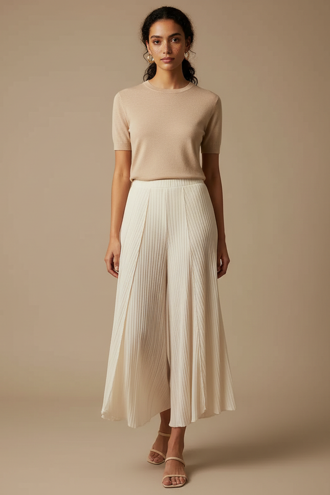 Pantalon À Pince Plissé Fluide Ample Écru Décontracté - Beige Maille
