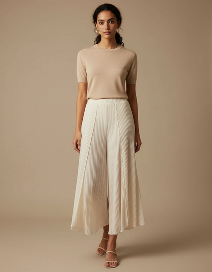 Pantalon À Pince Plissé Fluide Ample Écru Décontracté - Beige Maille