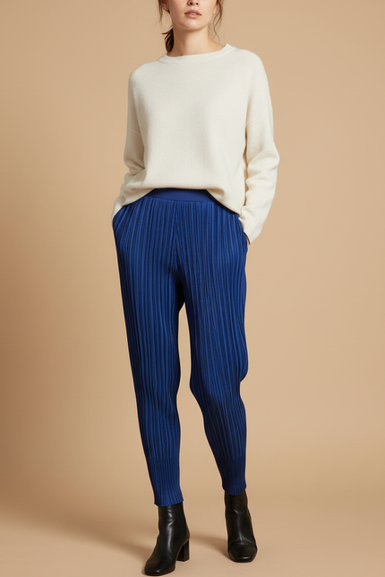 Pantalon À Pince Plissé Bleu Élastique Confortable Moderne - Polyester