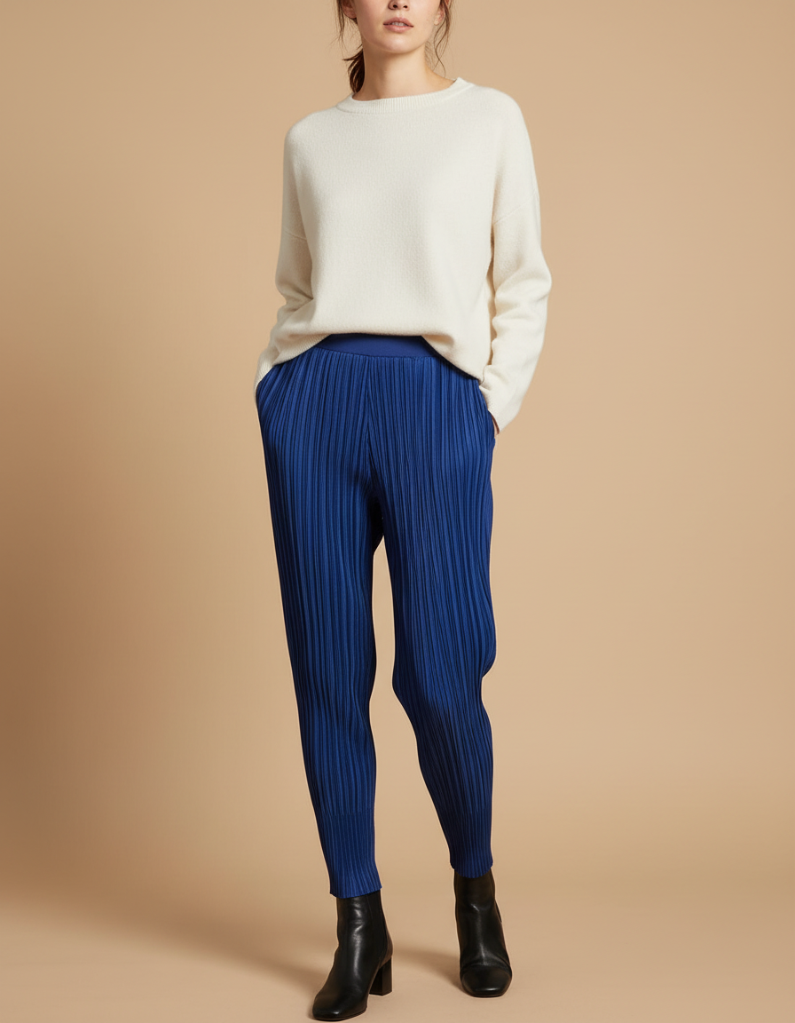 Pantalon À Pince Plissé Bleu Élastique Confortable Moderne - Polyester