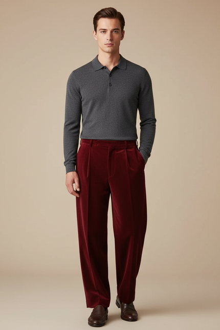 Pantalon À Pince Velours Bordeaux Ample Homme Décontracté