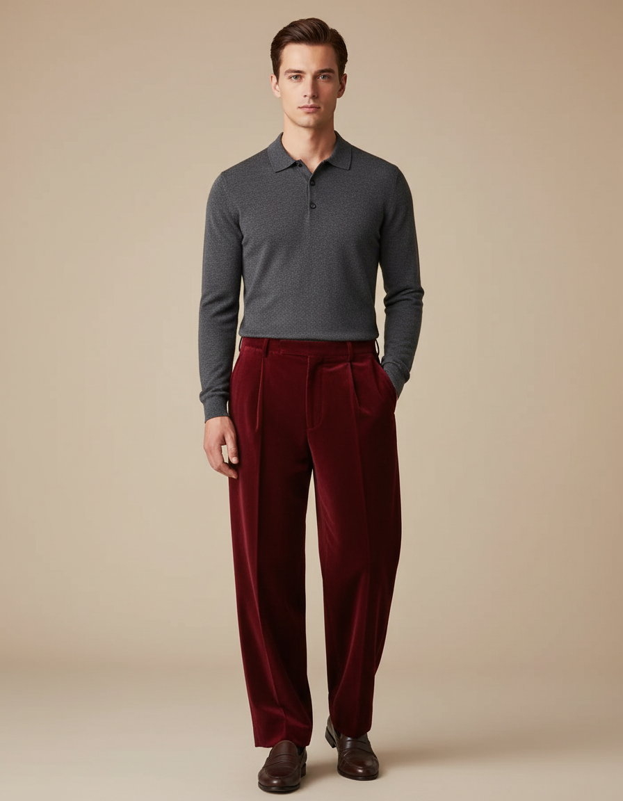 Pantalon À Pince Velours Bordeaux Ample Homme Décontracté