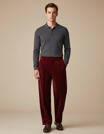 Pantalon À Pince Velours Bordeaux Ample Homme Décontracté