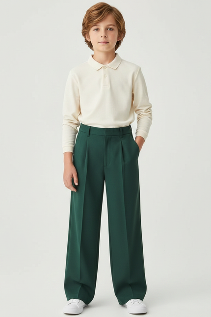 Pantalon À Pince Vert Foncé Ample Plissé Garçon Élégant - Gabardine