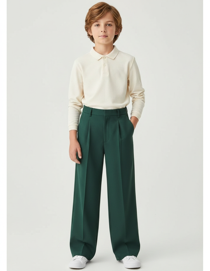 Pantalon À Pince Vert Foncé Ample Plissé Garçon Élégant - Gabardine