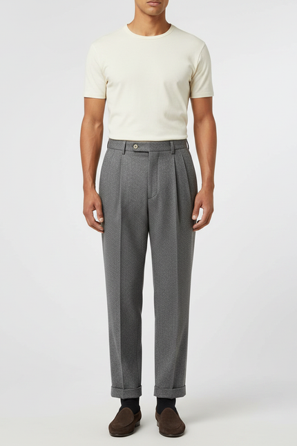 Pantalon À Pince Gris Plissé Droit Motif Micro-Géométrique Homme - Laine
