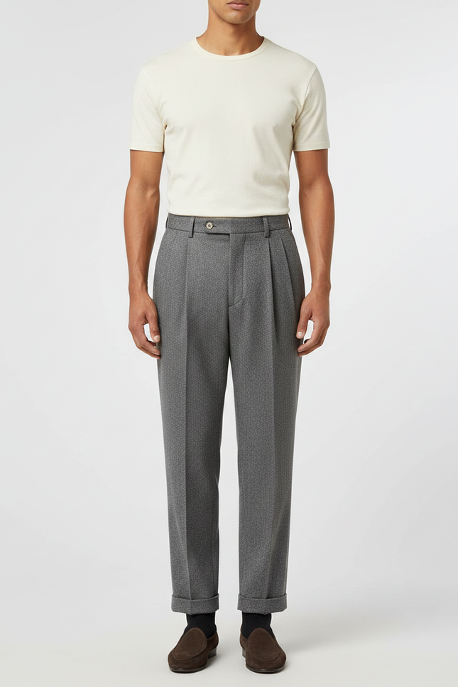 Pantalon À Pince Gris Plissé Droit Motif Micro-Géométrique Homme - Laine