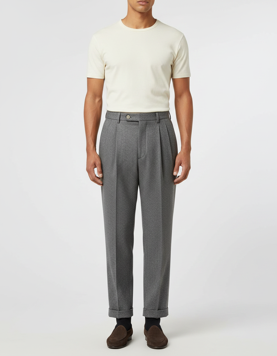 Pantalon À Pince Gris Plissé Droit Motif Micro-Géométrique Homme - Laine