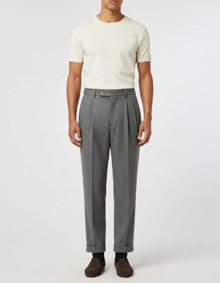 Pantalon À Pince Gris Plissé Droit Motif Micro-Géométrique Homme - Laine