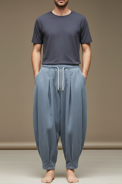 Pantalon À Pince Bleu Côtelé Ample Harem Décontracté - Cordé