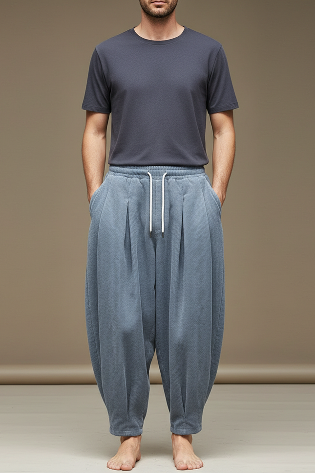 Pantalon À Pince Bleu Côtelé Ample Harem Décontracté - Cordé