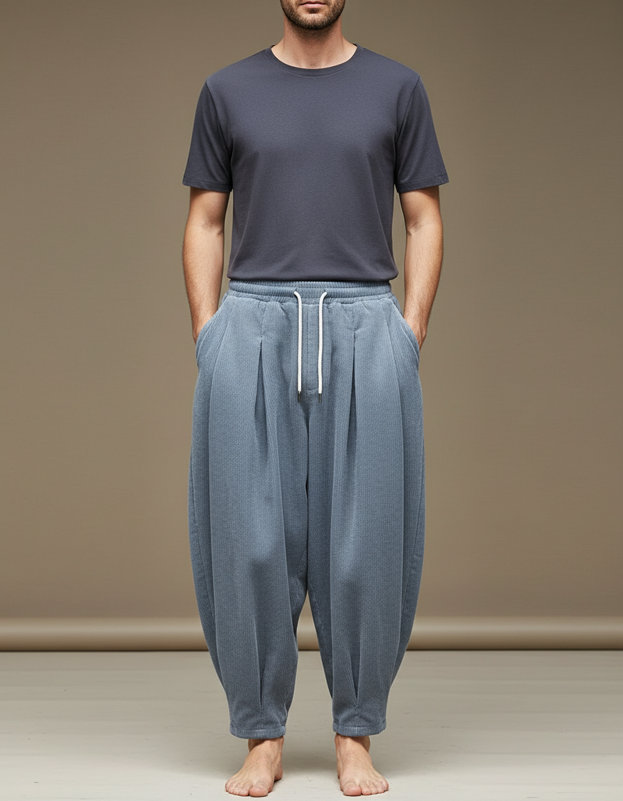 Pantalon À Pince Bleu Côtelé Ample Harem Décontracté - Cordé