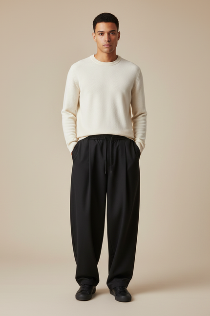 Pantalon À Pince Noir Ample Décontracté Homme Cordon - Polyester