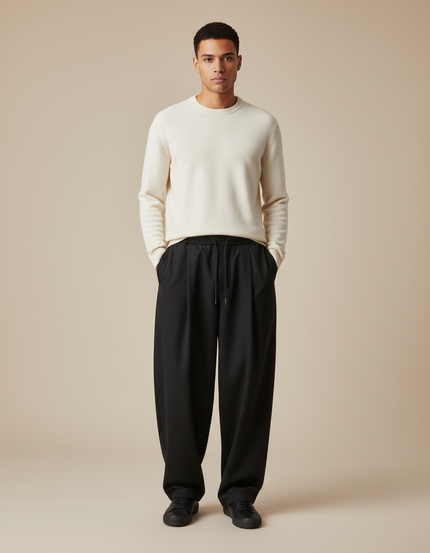 Pantalon À Pince Noir Ample Décontracté Homme Cordon - Polyester