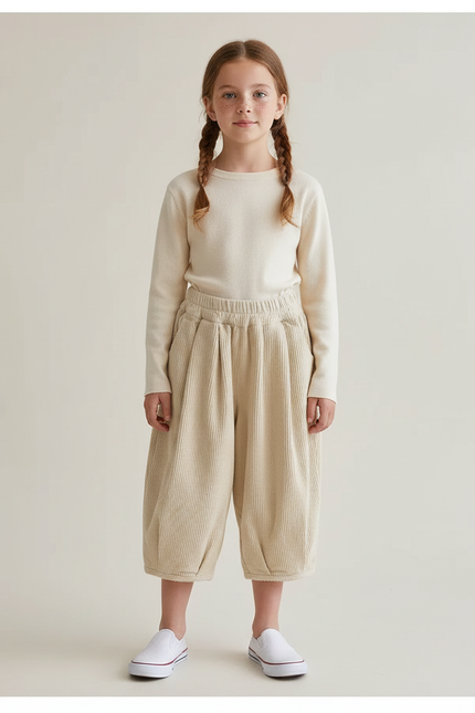 Pantalon À Pince Côtelé Beige Ample Enfant Casual - Cordé