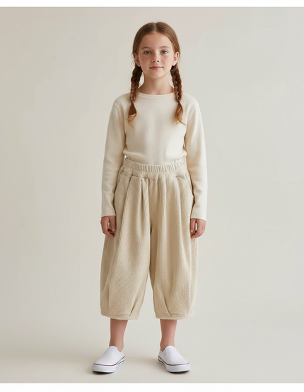 Pantalon À Pince Côtelé Beige Ample Enfant Casual - Cordé