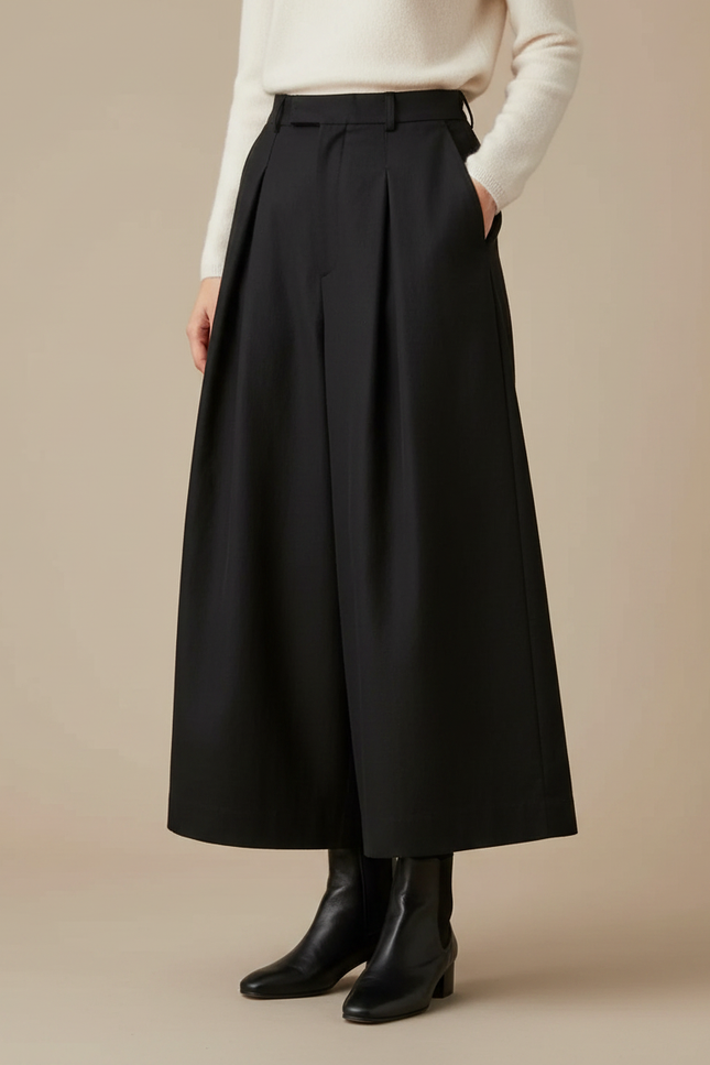 Pantalon À Pince Noir Ample Plissé Épaisse Élégant - Laine