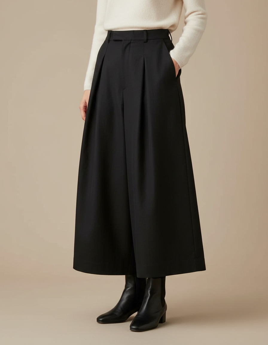 Pantalon À Pince Noir Ample Plissé Épaisse Élégant - Laine