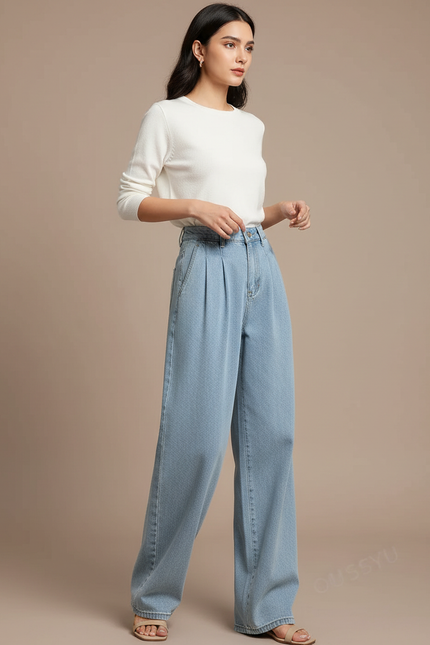 Pantalon À Pince Bleu Clair Large Décontracté Femme - Jean