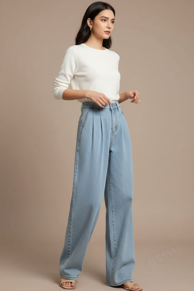 Pantalon À Pince Bleu Clair Large Décontracté Femme - Jean