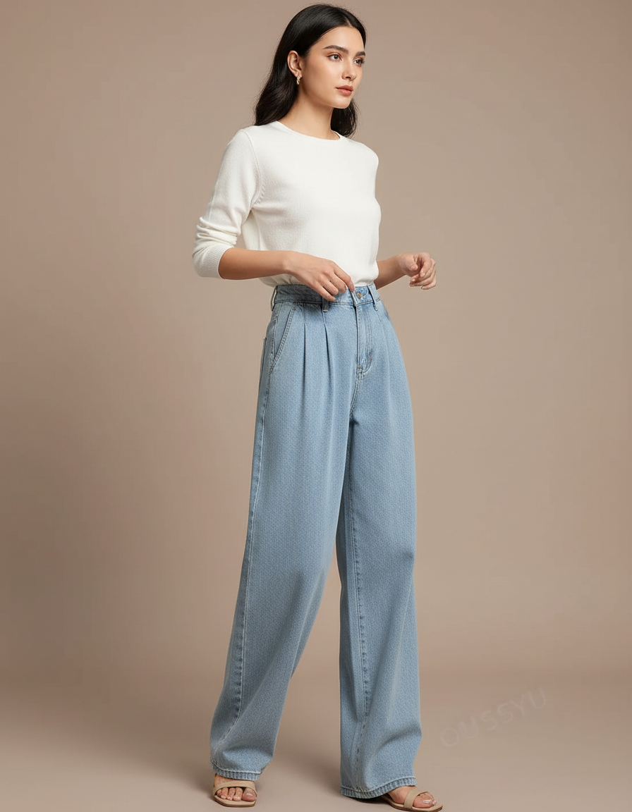 Pantalon À Pince Bleu Clair Large Décontracté Femme - Jean